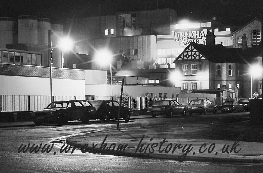 Wrexham Brewery at night, 1980s